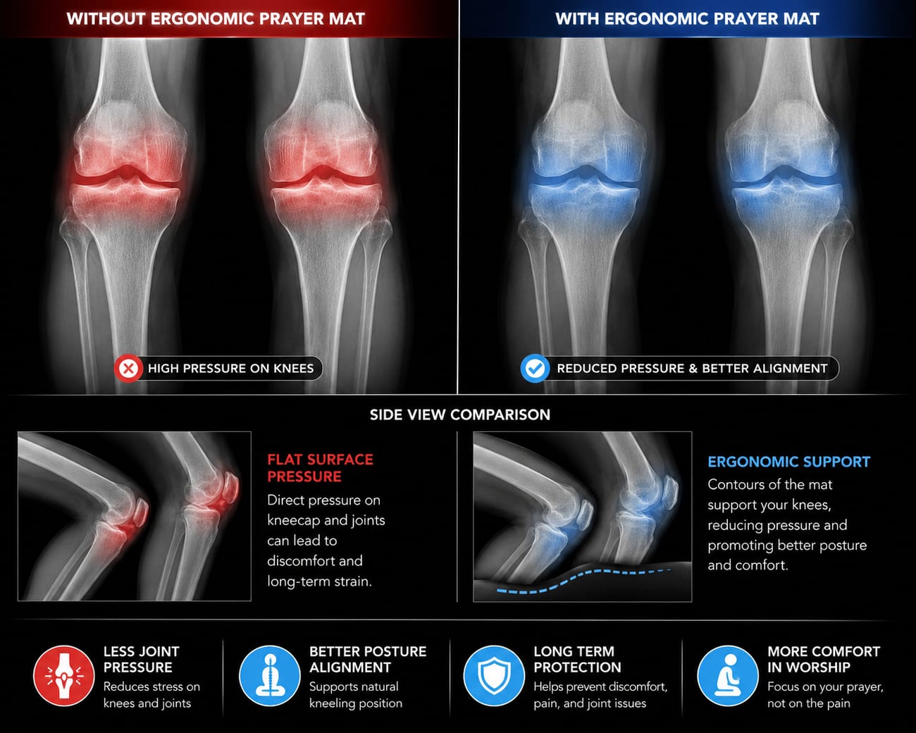 Knee pressure with and without the ergonomic prayer mat — X-ray comparison